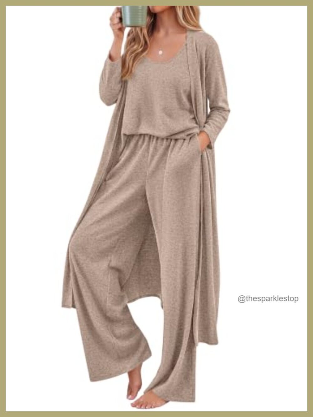 3 Piece Lounge Set Wide Leg Pants Cardigan Tank Top Travel Outfit Women